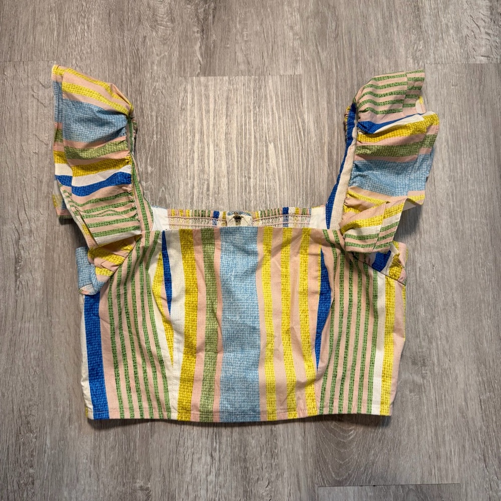 Cara Cara Women's Yellow Cotton Darby Striped Crop Top Size XS Preppy Festival - Picture 2 of 8